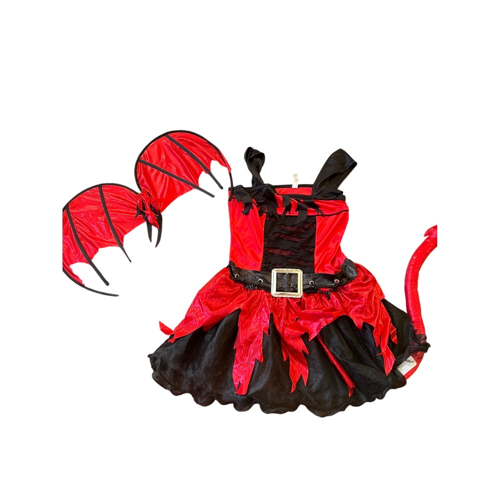 Kids Red Black Devil Costume Set Wings Tail Dress XL 14-16 Halloween